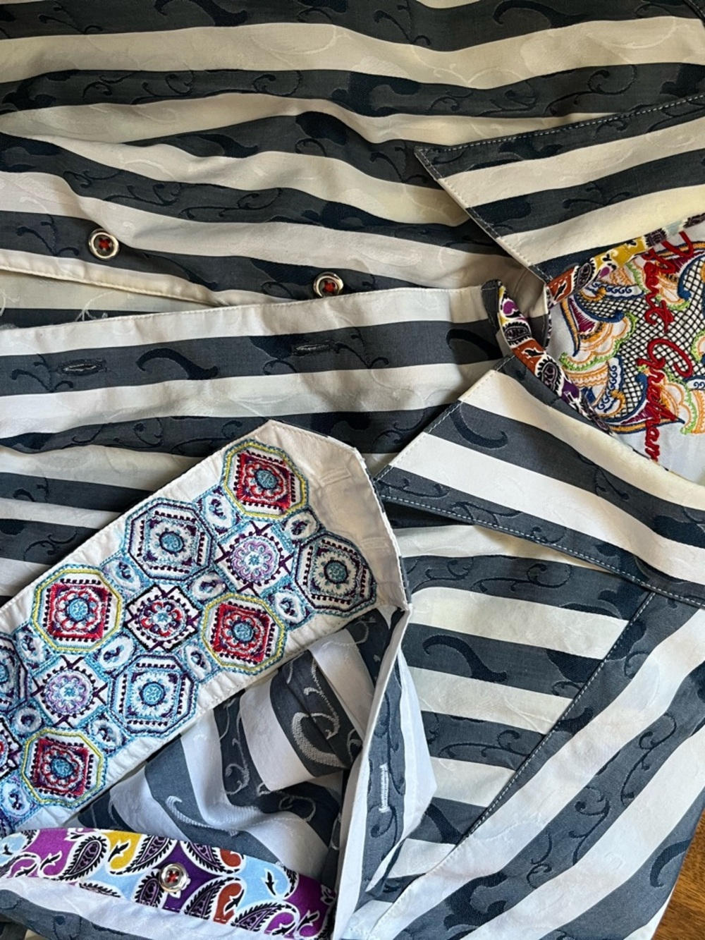 Robert Graham Black & White Striped Dress Shirt with Multicolor Embroidery